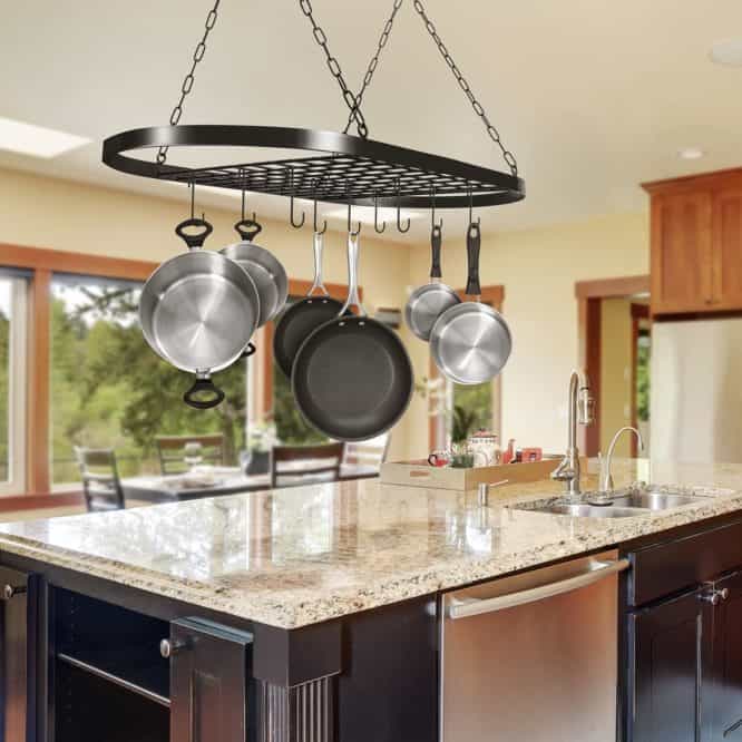 using pot and pan hanging rack to organize your kitchen